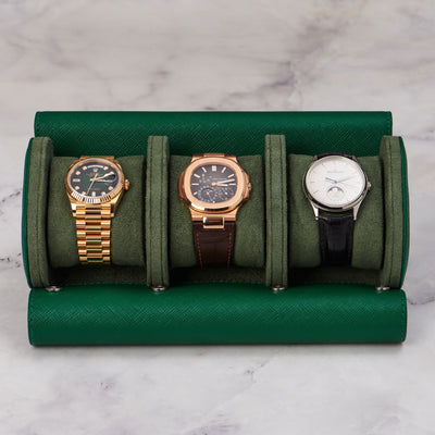 Green Saffiano Leather Watch Roll - 3 Watches