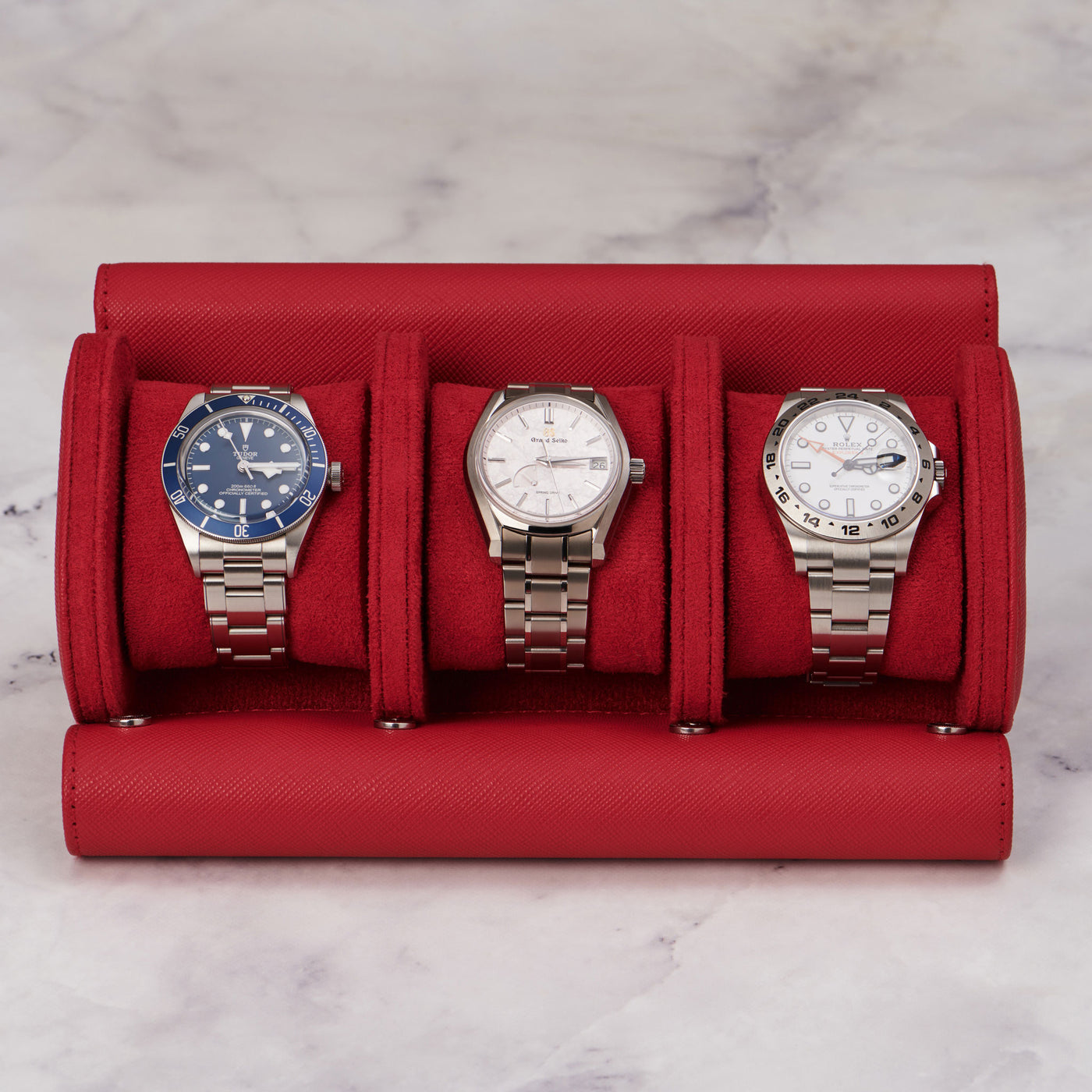 Red Saffiano Leather Watch Roll - 3 Watches