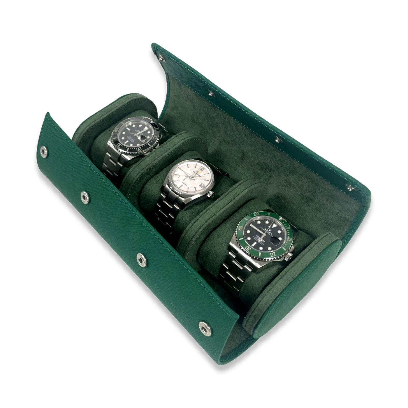 Green Saffiano Leather Watch Roll - 3 Watches