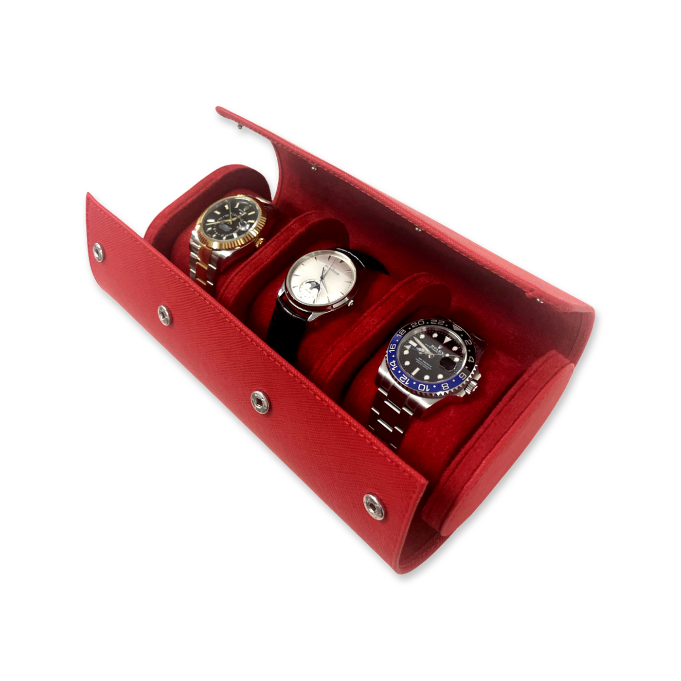 Red Saffiano Leather Watch Roll - 3 Watches