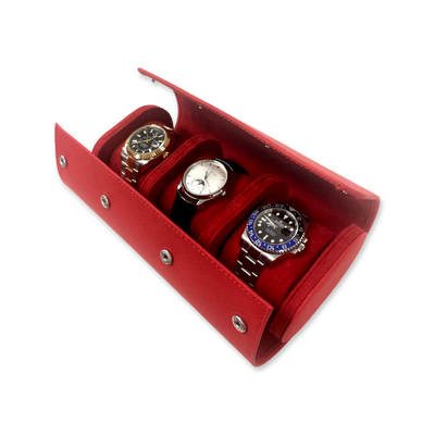 Red Saffiano Leather Watch Roll - 3 Watches