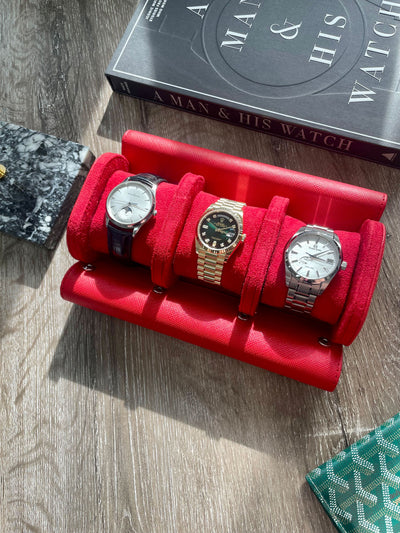 Red Saffiano Leather Watch Roll - 3 Watches